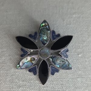 Taxco Sterling Abalone and Onyx Inlay Brooch / Pendant, Heart Shaped Accents